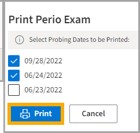 Print Perio Exam date selection with yellow highlight box around the Print button.